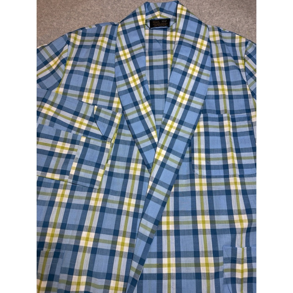 VTG 70s SEARS PERMA PREST Mens M Blue Plaid Robe Belted Grandpa Poly Cotton Long